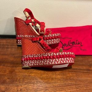 NWT Christian Louboutin Red / Gold Cataclou Studded Wedge - Size 36